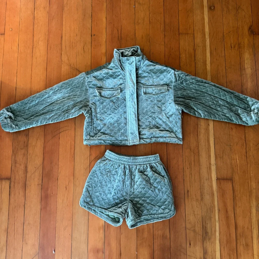 Sage Green Velvet Quilted Shorts and Jacket Matching Set - Picture 1 of 10